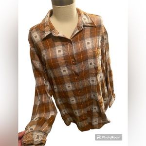 Vintage Authentic Riders Jeanswear Plaid Tartan Flannel Sandy Brown & Blue L